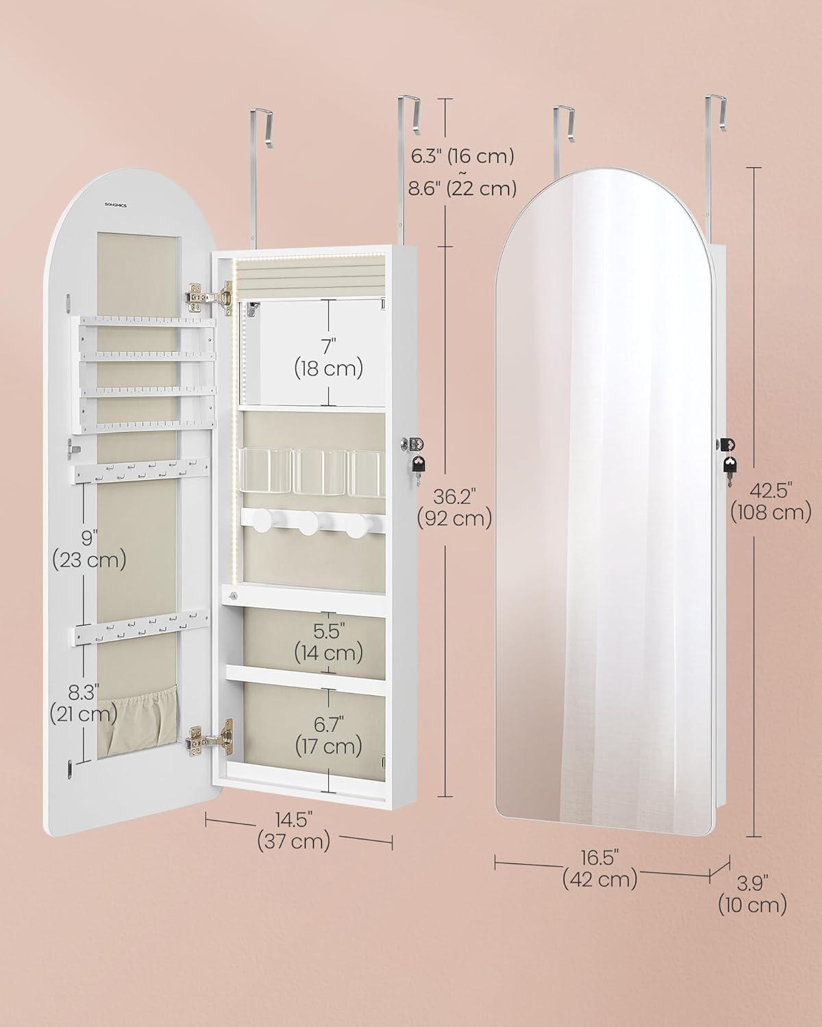 imageSONGMICS Wide Jewelry Organizer LED Jewelry Cabinet WallDoor Mounted Arched Mirror with Storage Lockable Rounded Corner Interior Mirror Gift for Mom 39 x 165 x 425 Inches Cloud WhiteCloud White
