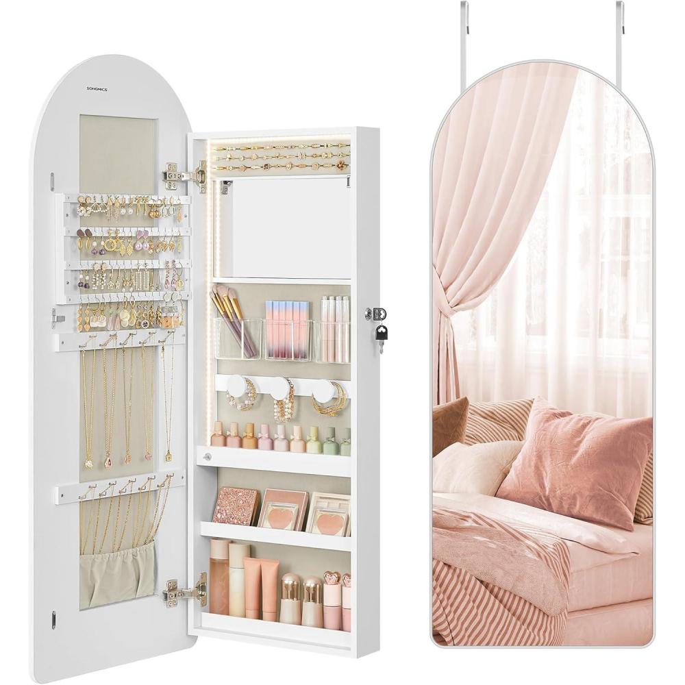 imageSONGMICS Wide Jewelry Organizer LED Jewelry Cabinet WallDoor Mounted Arched Mirror with Storage Lockable Rounded Corner Interior Mirror Gift for Mom 39 x 165 x 425 Inches Cloud WhiteCloud White