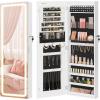 imageSONGMICS LED Mirror Jewelry Cabinet Armoire Wall or Door Mounted Jewelry Storage Organizer Hanging Lockable Frameless Mirror Cabinet with 2 Plastic Cosmetic Organizers Gift Idea White UJJC011W01