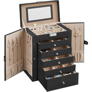 imageSONGMICS 6 Tier Jewelry Box Jewelry Storage Organizer with 5 Drawers Large Storage Capacity with Mirror Lockable Jewelry Case Mothers Day Gift for Mom For Watches Black UJBC152B01Black
