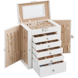imageSONGMICS 6 Tier Jewelry Box Jewelry Storage Organizer with 5 Drawers Large Storage Capacity with Mirror Lockable Jewelry Case Mothers Day Gift for Mom For Watches Black UJBC152B01White