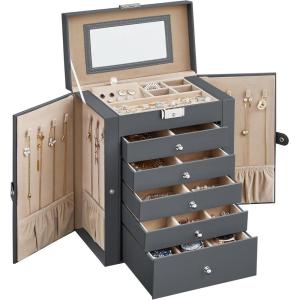 imageSONGMICS 6 Tier Jewelry Box Jewelry Storage Organizer with 5 Drawers Large Storage Capacity with Mirror Lockable Jewelry Case Mothers Day Gift for Mom For Watches Black UJBC152B01Gray