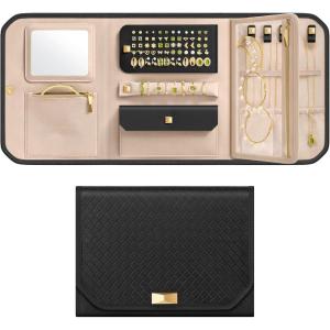 imageSONGMICS HOME Travel Jewelry Case Jewelry Organizer Box with Mirror Jewelry Pouch Woven Embossed PU Leather Hard Shell Large Capacity Gift Idea Ink Black UJBC204B01Ink Black