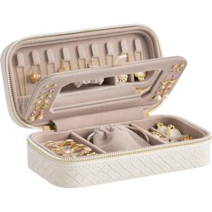 imageSONGMICS HOME Travel Jewelry Case Jewelry Organizer Box with Mirror Jewelry Pouch Woven Embossed PU Leather Hard Shell Large Capacity Gift Idea Ink Black UJBC204B01Cloud White