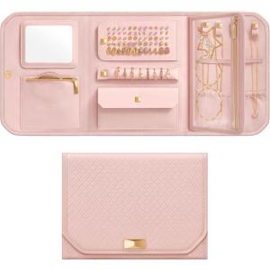 imageSONGMICS HOME Travel Jewelry Case Jewelry Organizer Box with Mirror Jewelry Pouch Woven Embossed PU Leather Hard Shell Large Capacity Gift Idea Ink Black UJBC204B01Jelly Pink