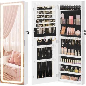 imageSONGMICS LED Mirror Jewelry Cabinet Armoire Wall or Door Mounted Jewelry Storage Organizer Hanging Lockable Frameless Mirror Cabinet with 2 Plastic Cosmetic Organizers Gift Idea White UJJC011W01