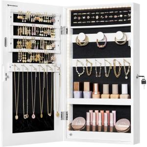 imageSONGMICS Mirror Jewelry Cabinet Armoire with Builtin LED Lights Wall or Door Mounted Jewelry Storage Organizer 38 x 146 x 264 Inches Hanging Mirror Cabinet Gift Idea White UJJC050W01White