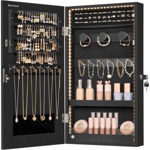 imageSONGMICS Mirror Jewelry Cabinet Armoire with Builtin LED Lights Wall or Door Mounted Jewelry Storage Organizer 38 x 146 x 264 Inches Hanging Mirror Cabinet Gift Idea White UJJC050W01Black