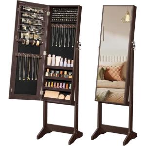 imageSONGMICS Mirror Jewelry Cabinet Standing Armoire Organizer Jewelry Storage with FullLength Frameless LED Lights Builtin Makeup Mirror 2 Drawers Lockable White UJJC023W01Brown