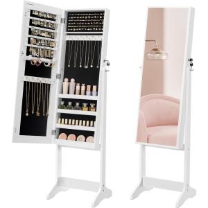 imageSONGMICS Mirror Jewelry Cabinet Standing Armoire Organizer Jewelry Storage with FullLength Frameless LED Lights Builtin Makeup Mirror 2 Drawers Lockable White UJJC023W01White