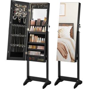 imageSONGMICS Mirror Jewelry Cabinet Standing Armoire Organizer Jewelry Storage with FullLength Frameless LED Lights Builtin Makeup Mirror 2 Drawers Lockable White UJJC023W01Black