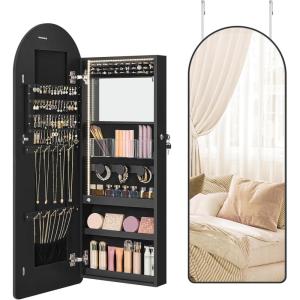 imageSONGMICS Wide Jewelry Organizer LED Jewelry Cabinet WallDoor Mounted Arched Mirror with Storage Lockable Rounded Corner Interior Mirror Gift for Mom 39 x 165 x 425 Inches Cloud WhiteInk Black
