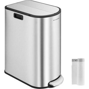imageSONGMICS 13Gallon Dual Kitchen Trash Can 53 and 8 Gallon Compartments Garbage Can with Wing Lids Stainless Steel Soft Close Inner Buckets Metallic Silver ULTB570E50Metallic Silver