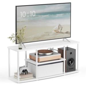imageSONGMICS HOME Superfast Toolless Assembly TV Stand for TVs up to 50 Inches TV Cabinet Unit Media Center Table Living Room 43 x 14 x 18 Inches Shelves Natural Walnut and Ink Black ULTV500K01Snow White  Matte White