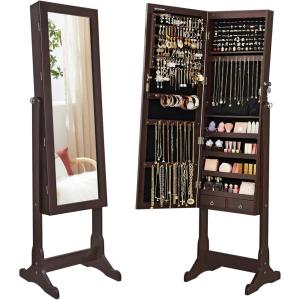 imageSONGMICS Jewelry Cabinet with 6 LED Lights Lockable Mirrored Jewelry Armoire Organizer 2 Drawers Brown UJJC94KEspresso