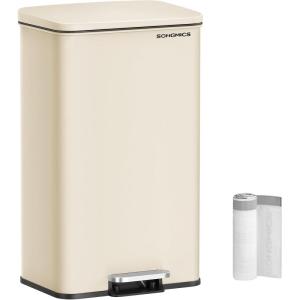 imageSONGMICS Kitchen Trash Can 105 Gallon 40 L Garbage Can Large Step Trash Bin with Lid Stainless Steel Soft Close 15 Trash Bags Included Silver ULTB540E40Sand Beige