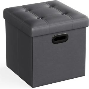 imageSONGMICS MAZIE Collection  15 Inches Ottoman with Storage Footstool Storage Ottoman with Metal Grommet Handles Load 660 lb for Dorm Living Room Bedroom Synthetic Leather Black ULSF30BDark Gray