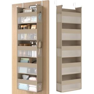 imageSONGMICS Over The Door Organizer Hanging Door Organizer with 5 Large Pockets 5Tier Fabric Storage Transparent Nylon Mesh Foldable Metal Hooks with Side Pouches Cloud White URDH007W01Summer Sand