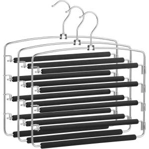 imageSONGMICS Pants Hangers Set of 3 5 Tiers NonSlip Skirt Hangers Space Saving Pants Organizers for Closet Silver and Black UCRI041BK3 Packs with 5Tiers