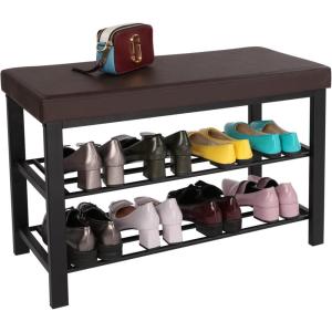 imageSONGMICS Shoe Bench 3Tier Shoe Rack for Entryway Storage Organizer with Foam Padded Seat Faux Leather Metal Frame for Living Room Hallway 122 x 319 x 193 Inches Black ULBS58HBrown