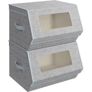 imageSONGMICS Stackable Storage Bins Set of 2 Storage Boxes with Lids and Front Windows NonWoven Fabric Closet Organizers with Magnetic Closures Side Handles Dark Gray URPLB02GDove Gray