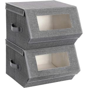 imageSONGMICS Stackable Storage Bins Set of 2 Storage Boxes with Lids and Front Windows NonWoven Fabric Closet Organizers with Magnetic Closures Side Handles Dark Gray URPLB02GDark Gray
