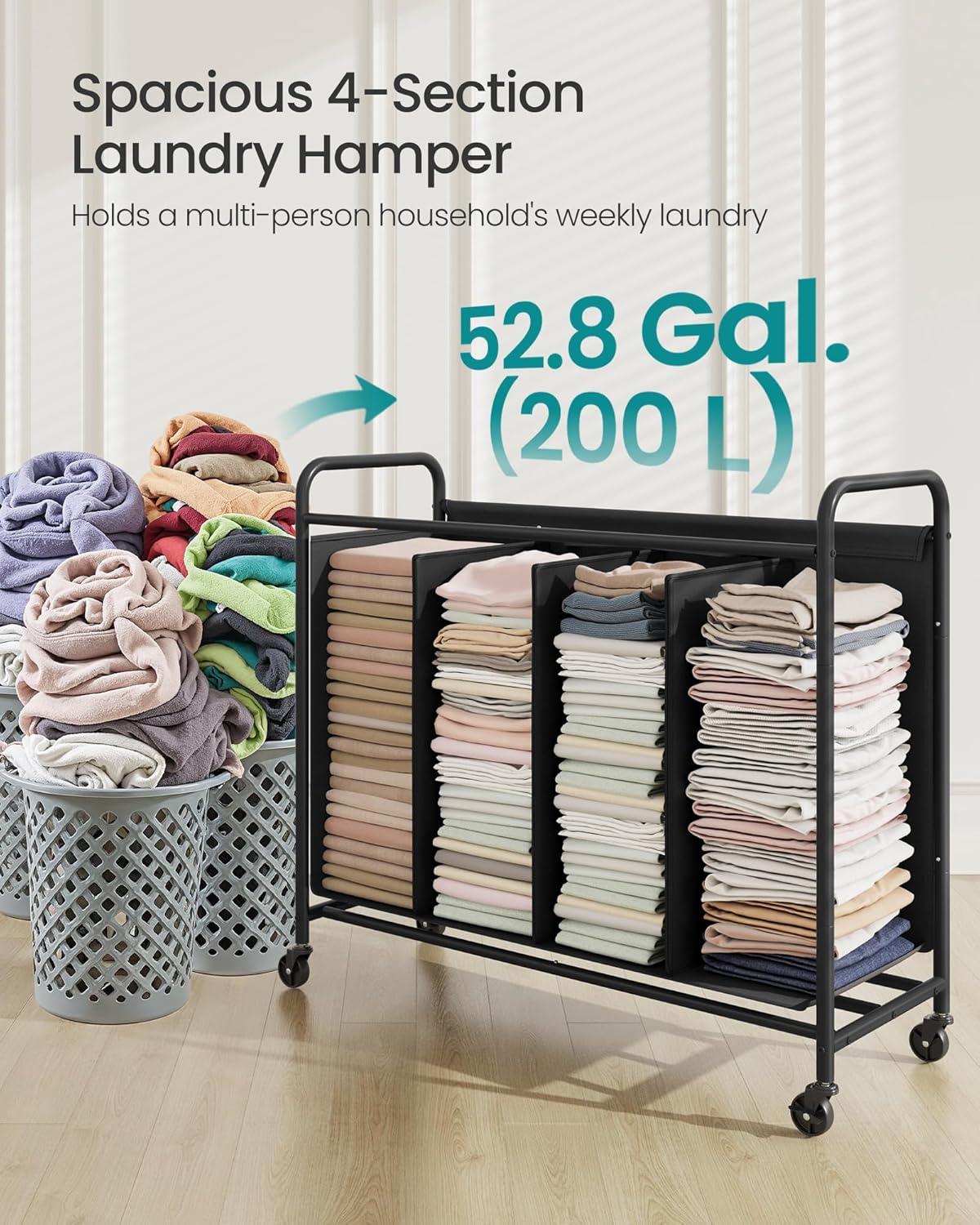 imageSONGMICS 4Section Laundry Sorter Laundry Hamper with Wheels Rolling Clothes Hamper Cart with Large Capacity and Removable Bags for Laundry Room Bedroom Bathroom Ink Black URLS460B01Ink Black