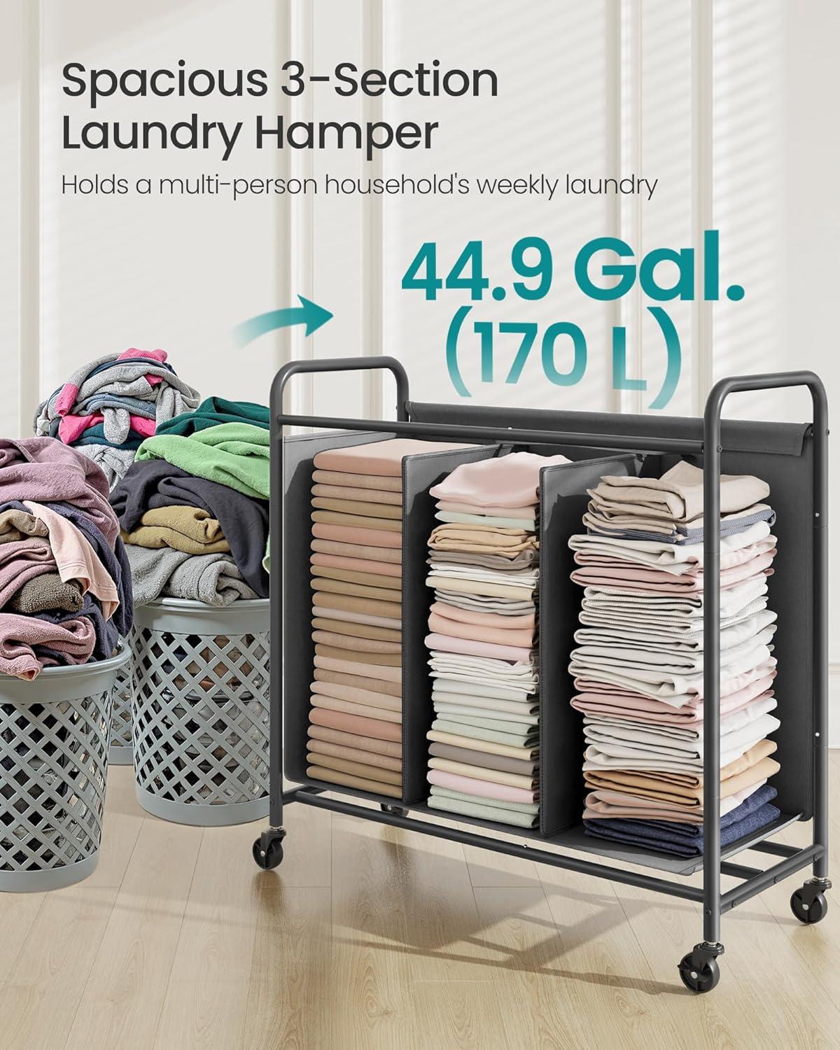 imageSONGMICS 4Section Laundry Sorter Laundry Hamper with Wheels Rolling Clothes Hamper Cart with Large Capacity and Removable Bags for Laundry Room Bedroom Bathroom Ink Black URLS460B01Slate Gray