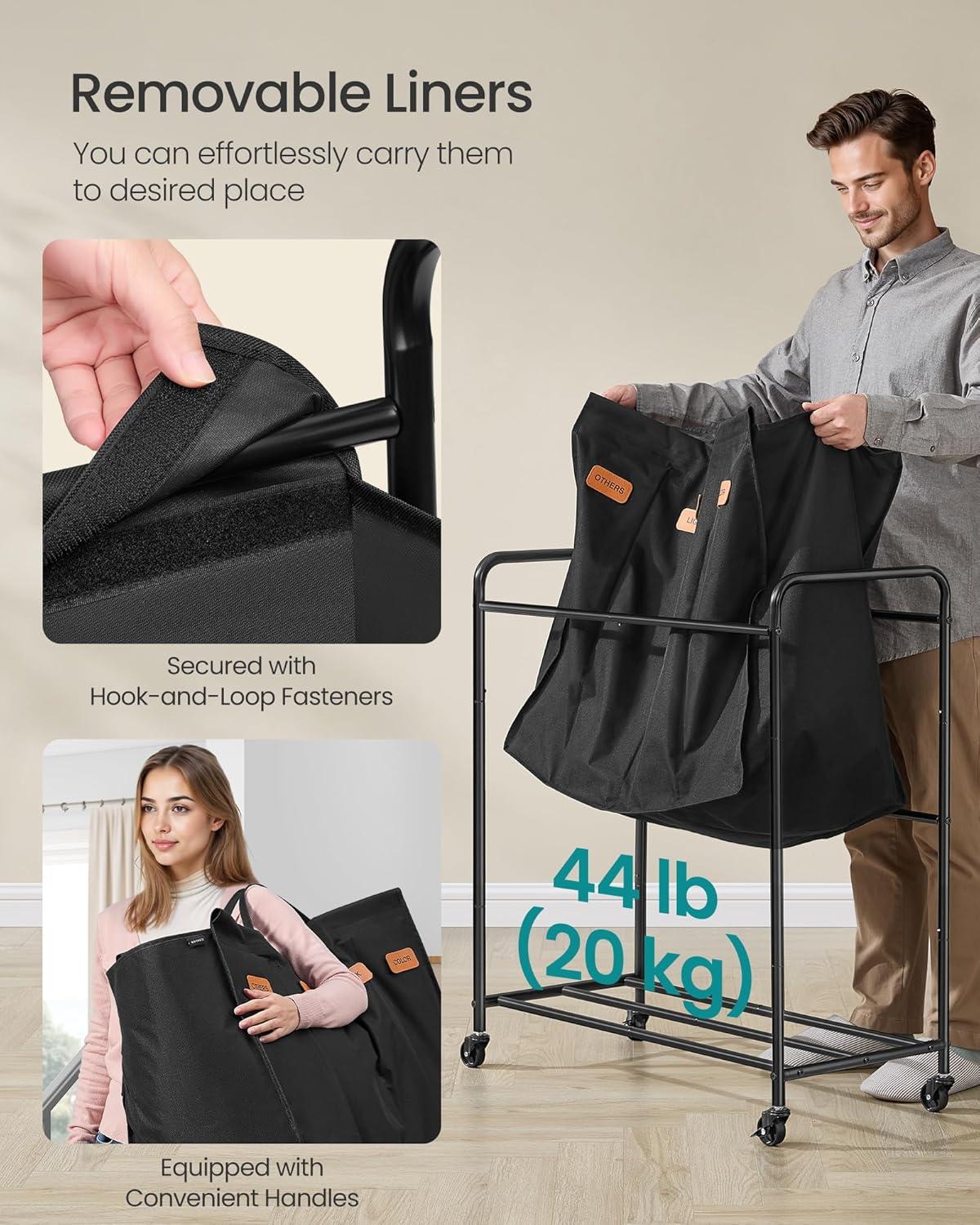 imageSONGMICS 4Section Laundry Sorter Laundry Hamper with Wheels Rolling Clothes Hamper Cart with Large Capacity and Removable Bags for Laundry Room Bedroom Bathroom Ink Black URLS460B01Ink Black