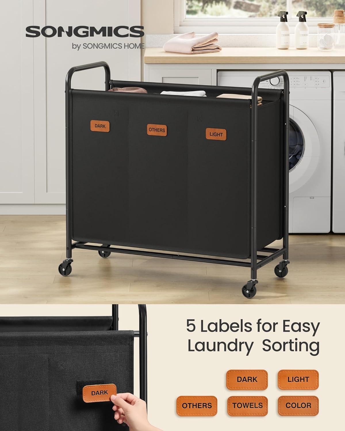 imageSONGMICS 4Section Laundry Sorter Laundry Hamper with Wheels Rolling Clothes Hamper Cart with Large Capacity and Removable Bags for Laundry Room Bedroom Bathroom Ink Black URLS460B01Ink Black
