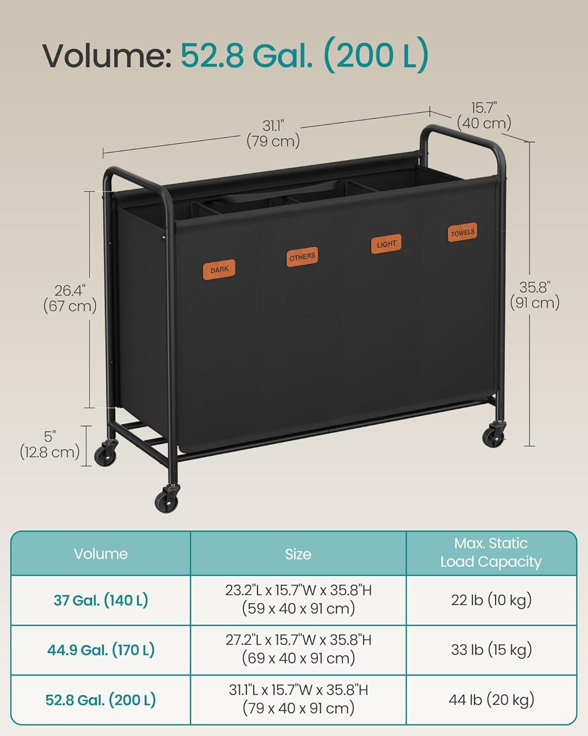 imageSONGMICS 4Section Laundry Sorter Laundry Hamper with Wheels Rolling Clothes Hamper Cart with Large Capacity and Removable Bags for Laundry Room Bedroom Bathroom Ink Black URLS460B01Ink Black