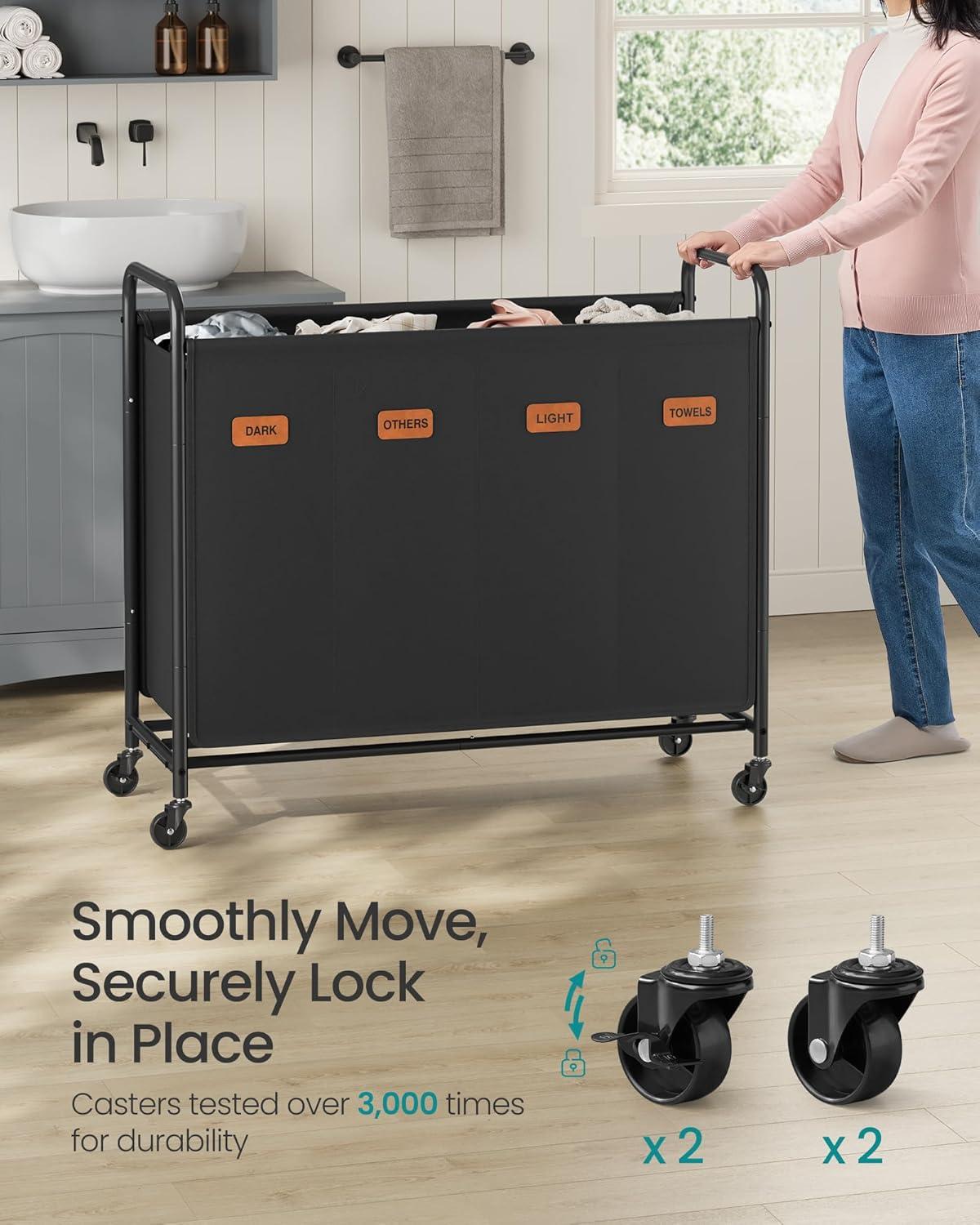 imageSONGMICS 4Section Laundry Sorter Laundry Hamper with Wheels Rolling Clothes Hamper Cart with Large Capacity and Removable Bags for Laundry Room Bedroom Bathroom Ink Black URLS460B01Ink Black