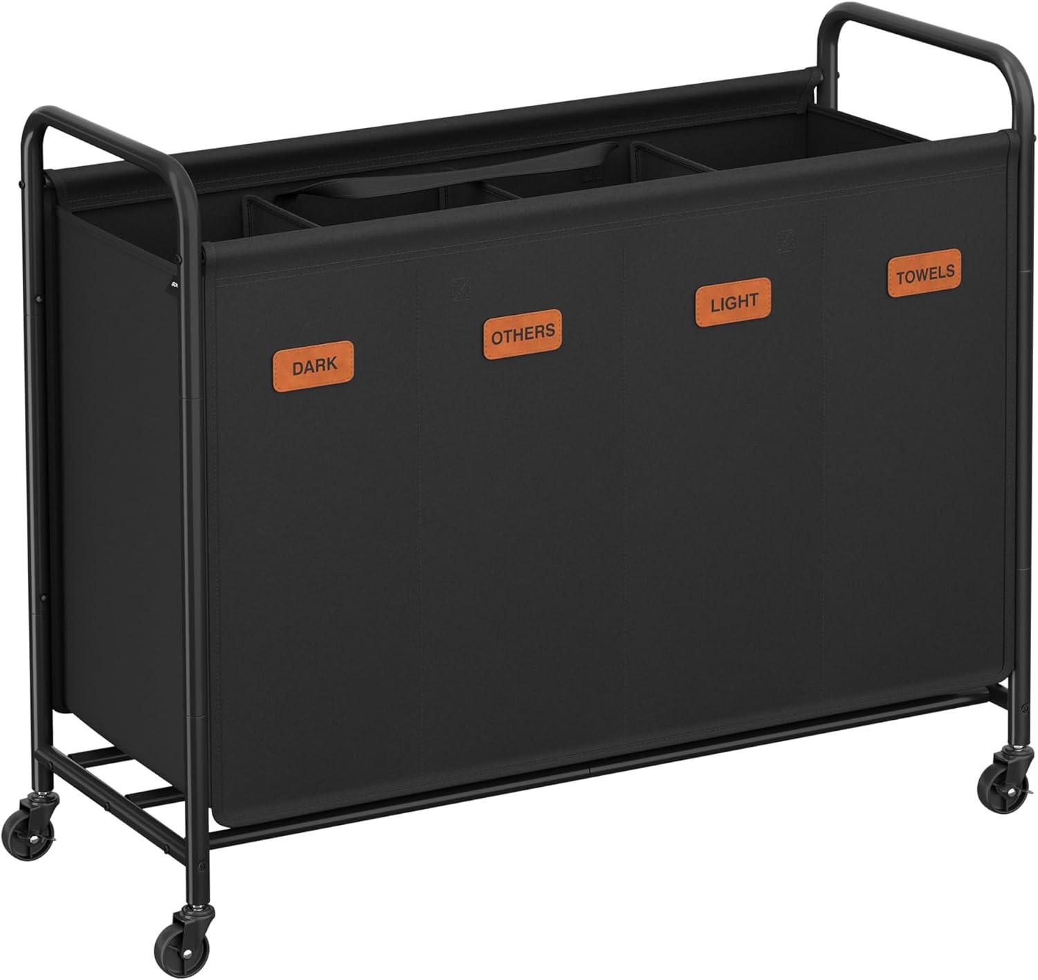 imageSONGMICS 4Section Laundry Sorter Laundry Hamper with Wheels Rolling Clothes Hamper Cart with Large Capacity and Removable Bags for Laundry Room Bedroom Bathroom Ink Black URLS460B01Ink Black