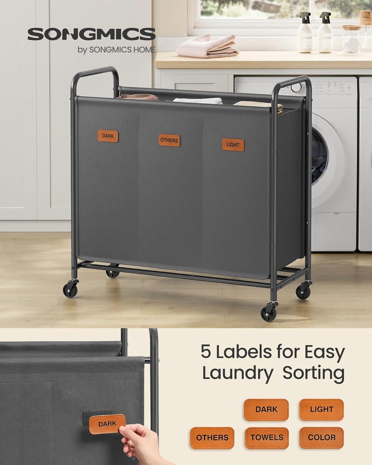 imageSONGMICS 4Section Laundry Sorter Laundry Hamper with Wheels Rolling Clothes Hamper Cart with Large Capacity and Removable Bags for Laundry Room Bedroom Bathroom Ink Black URLS460B01Slate Gray