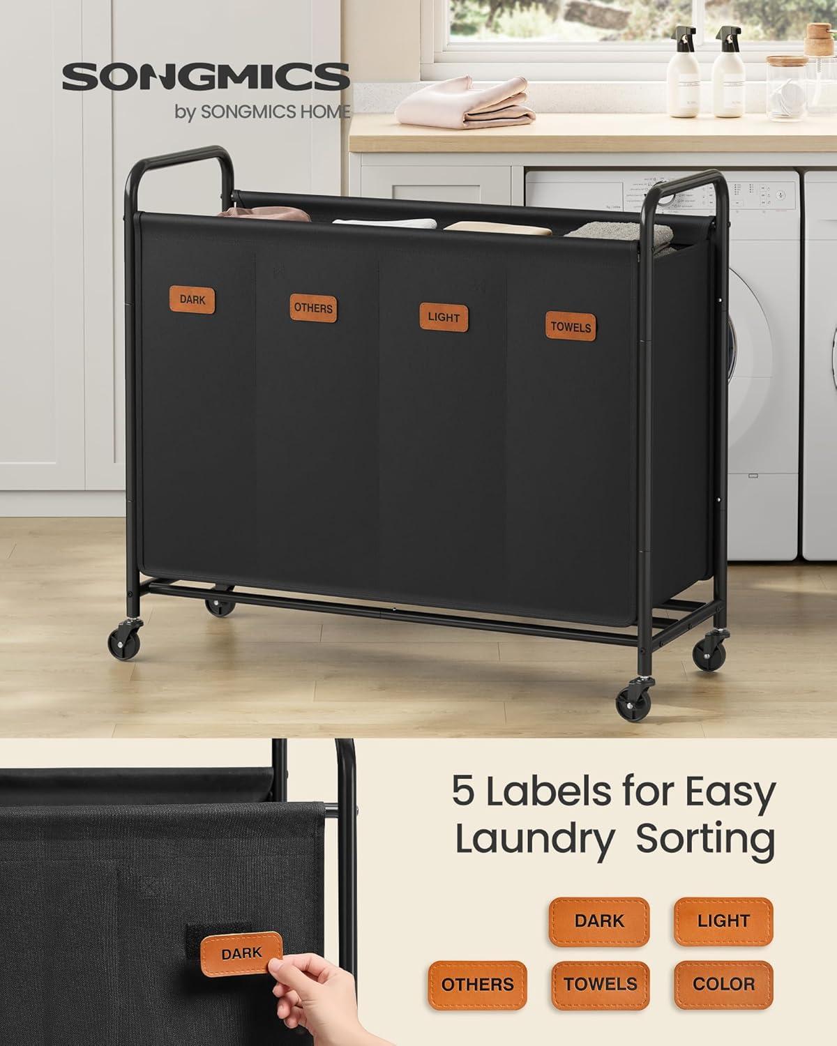 imageSONGMICS 4Section Laundry Sorter Laundry Hamper with Wheels Rolling Clothes Hamper Cart with Large Capacity and Removable Bags for Laundry Room Bedroom Bathroom Ink Black URLS460B01Ink Black