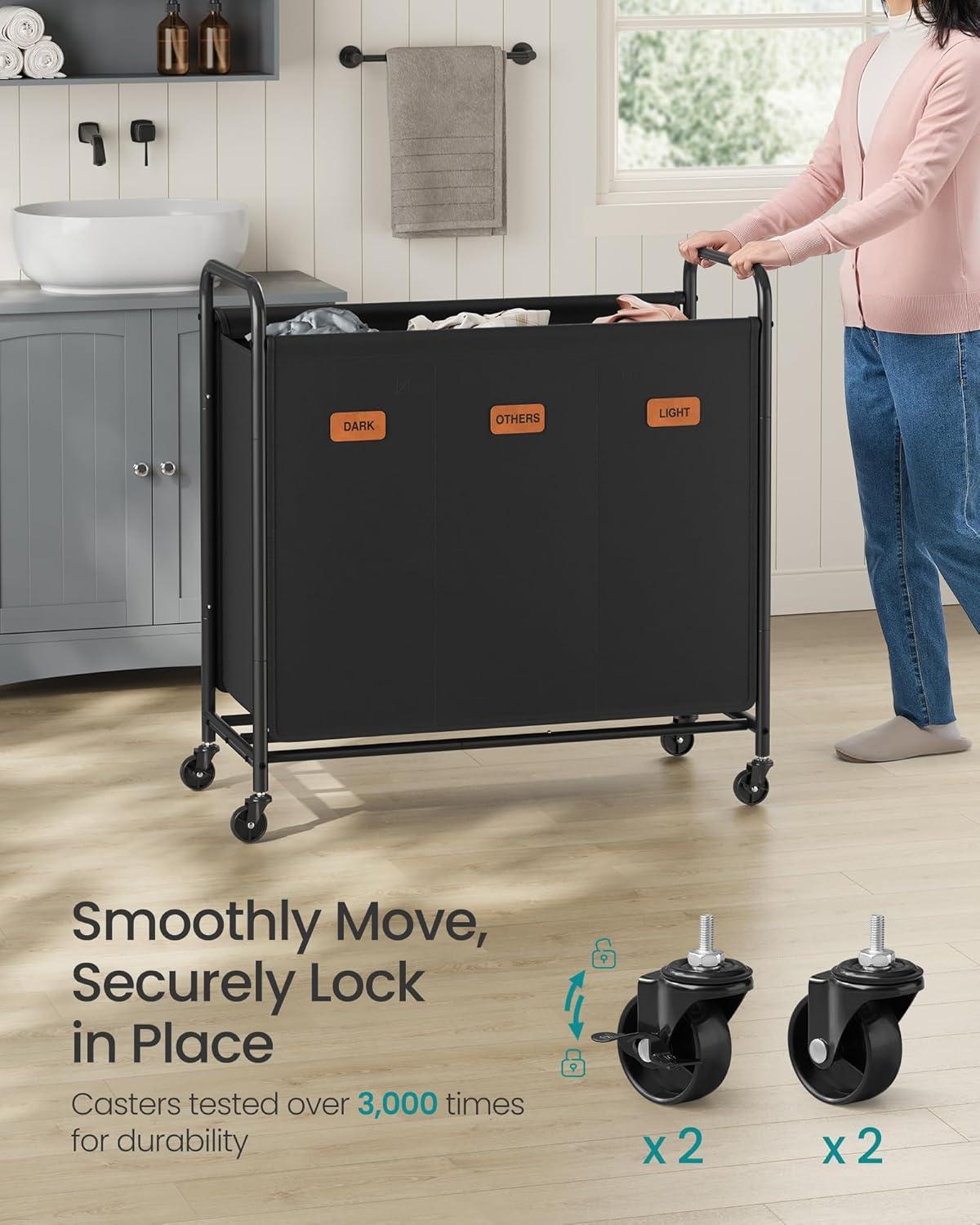 imageSONGMICS 4Section Laundry Sorter Laundry Hamper with Wheels Rolling Clothes Hamper Cart with Large Capacity and Removable Bags for Laundry Room Bedroom Bathroom Ink Black URLS460B01Ink Black