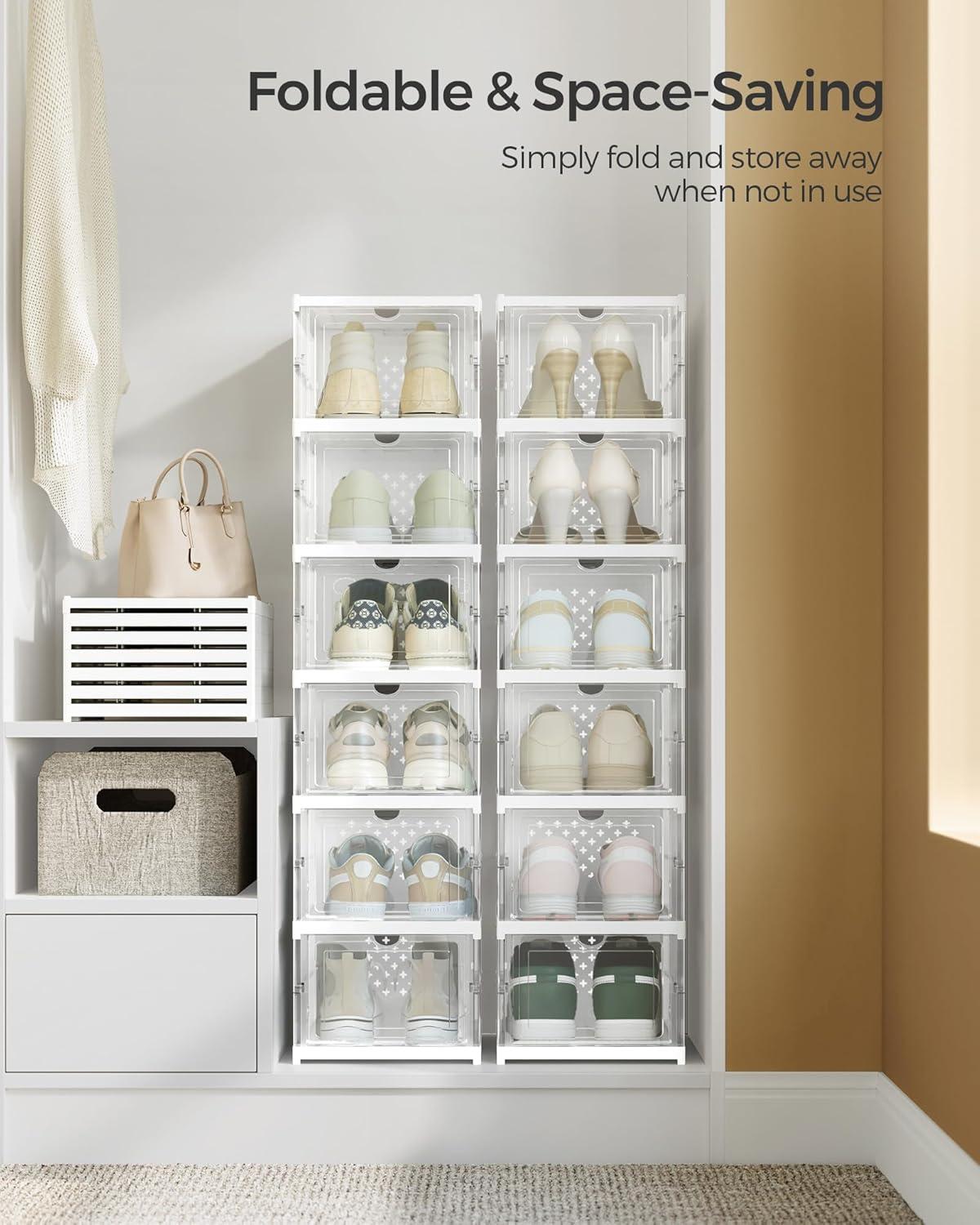 imageSONGMICS Foldable Shoe Boxes Pack of 18 Stackable Shoe Storage Organizer Set of 3 Integraed Shoe Cabinets Portable Fit up to US Size 13 60s Assembly Transparent and Ink Black ULSP207B01Transparent  Cloud White