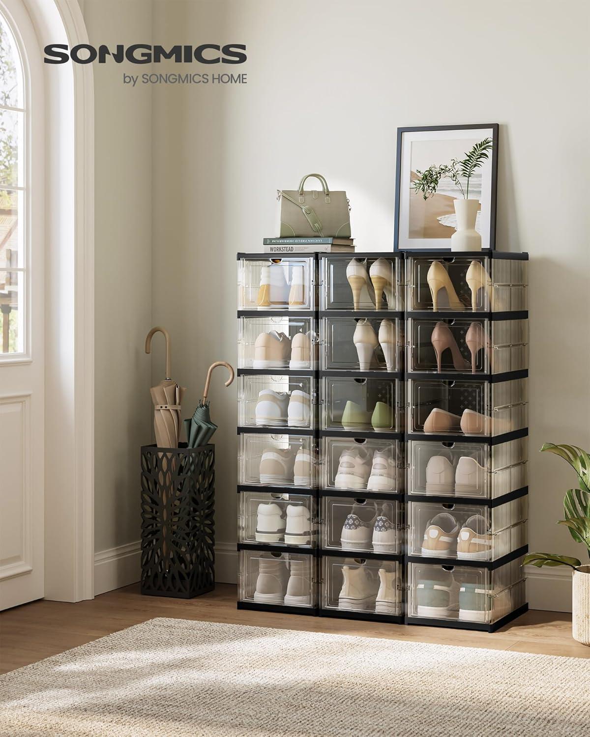 imageSONGMICS Foldable Shoe Boxes Pack of 18 Stackable Shoe Storage Organizer Set of 3 Integraed Shoe Cabinets Portable Fit up to US Size 13 60s Assembly Transparent and Ink Black ULSP207B01Transparent  Ink Black