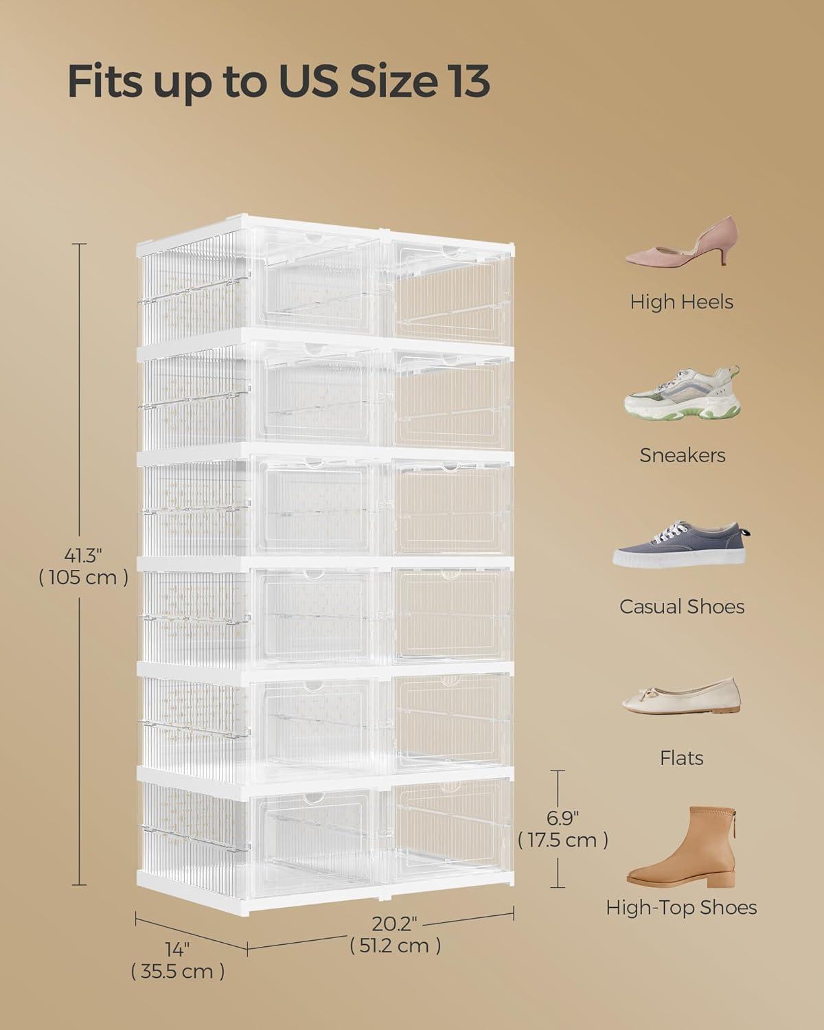 imageSONGMICS Foldable Shoe Boxes Pack of 18 Stackable Shoe Storage Organizer Set of 3 Integraed Shoe Cabinets Portable Fit up to US Size 13 60s Assembly Transparent and Ink Black ULSP207B01Transparent  Cloud White