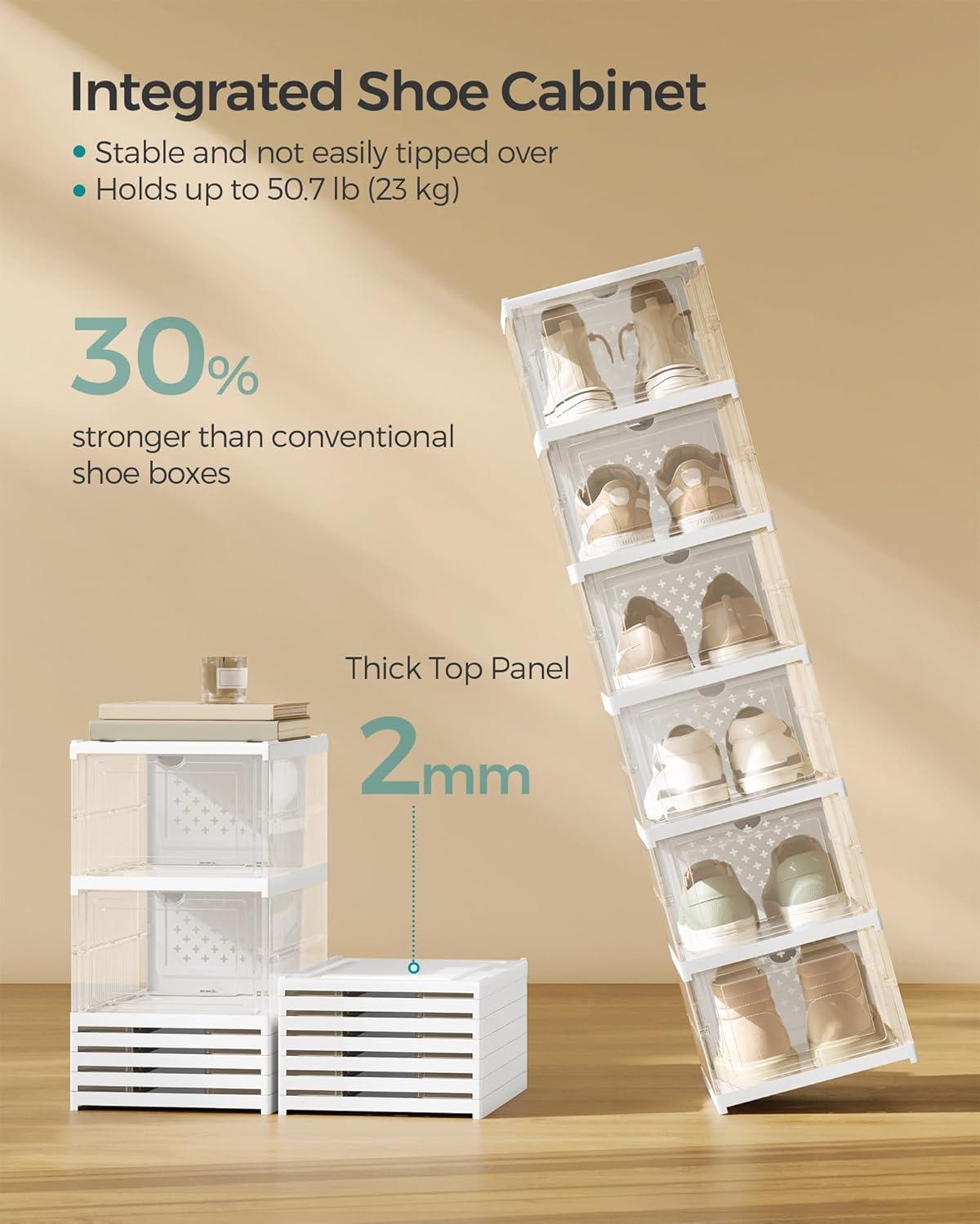 imageSONGMICS Foldable Shoe Boxes Pack of 18 Stackable Shoe Storage Organizer Set of 3 Integraed Shoe Cabinets Portable Fit up to US Size 13 60s Assembly Transparent and Ink Black ULSP207B01Transparent  Cloud White