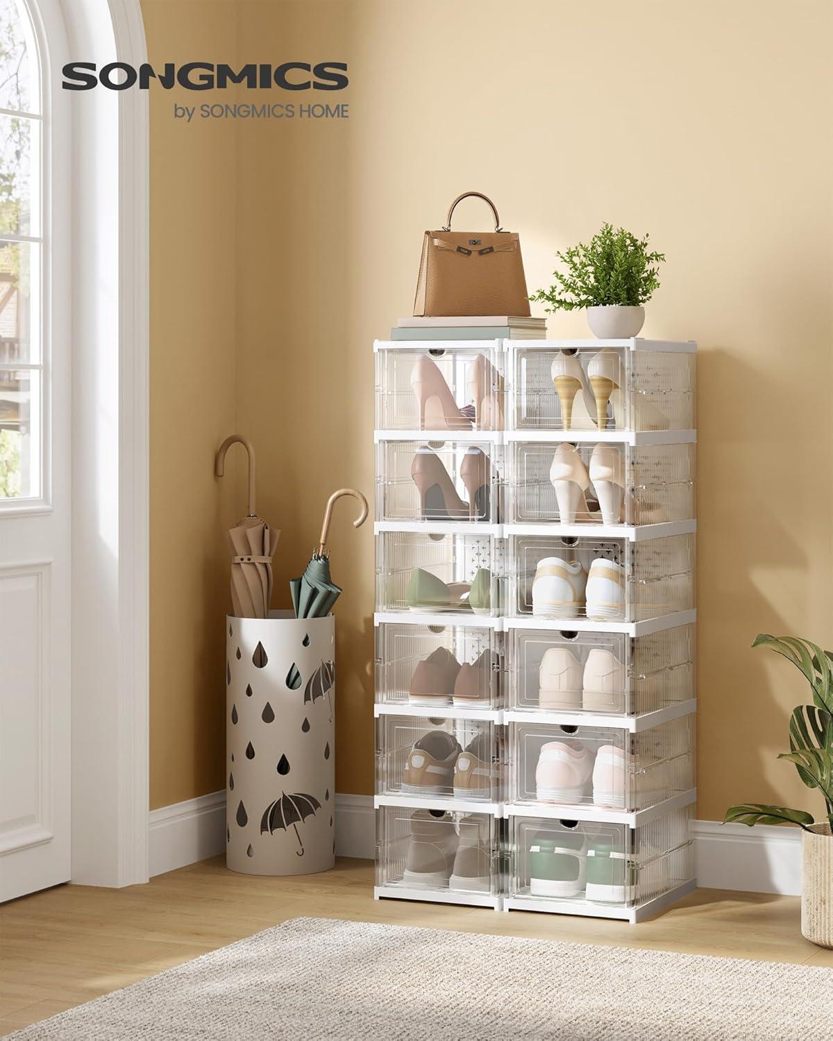 imageSONGMICS Foldable Shoe Boxes Pack of 18 Stackable Shoe Storage Organizer Set of 3 Integraed Shoe Cabinets Portable Fit up to US Size 13 60s Assembly Transparent and Ink Black ULSP207B01Transparent  Cloud White