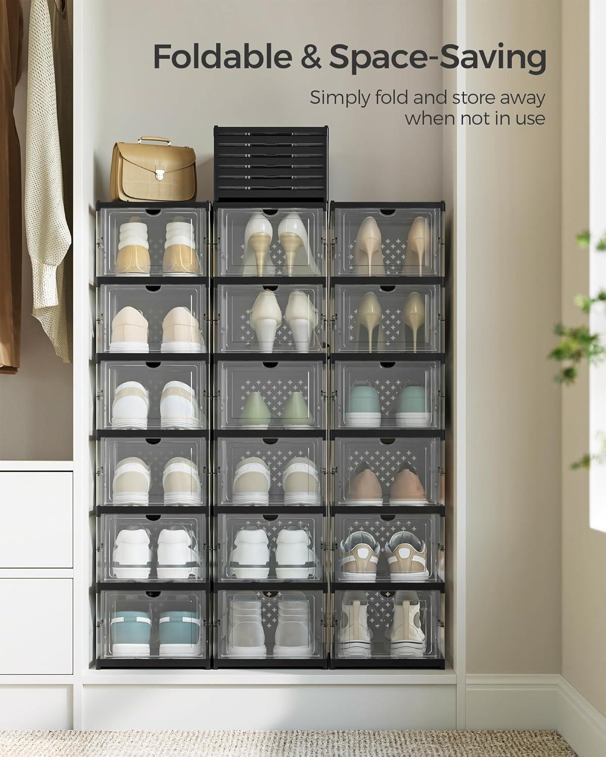imageSONGMICS Foldable Shoe Boxes Pack of 18 Stackable Shoe Storage Organizer Set of 3 Integraed Shoe Cabinets Portable Fit up to US Size 13 60s Assembly Transparent and Ink Black ULSP207B01Transparent  Ink Black