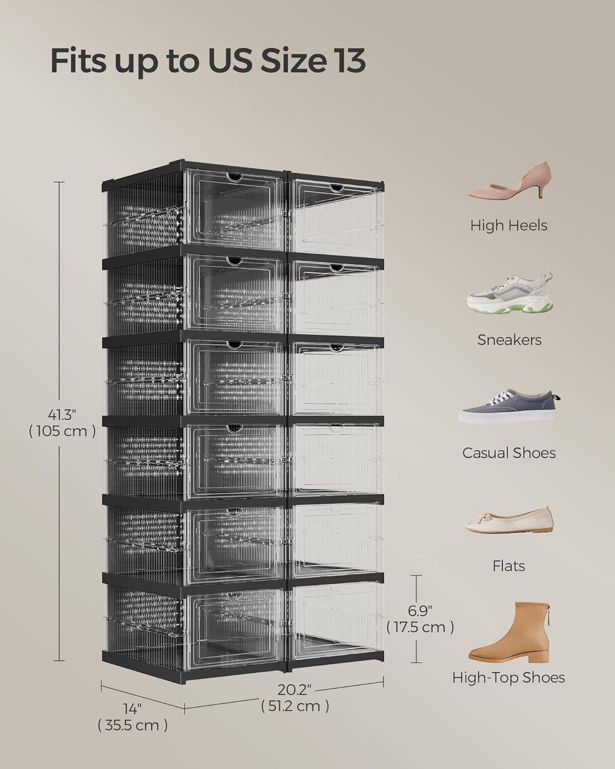 imageSONGMICS Foldable Shoe Boxes Pack of 18 Stackable Shoe Storage Organizer Set of 3 Integraed Shoe Cabinets Portable Fit up to US Size 13 60s Assembly Transparent and Ink Black ULSP207B01Transparent  Ink Black