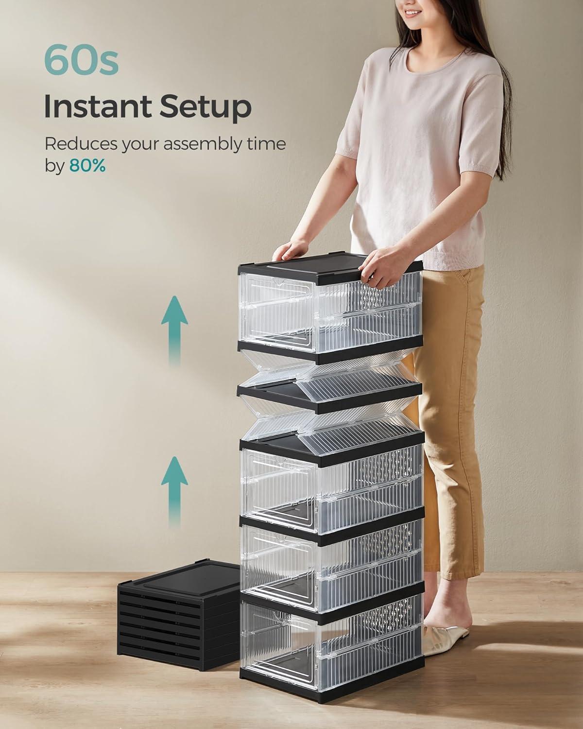 imageSONGMICS Foldable Shoe Boxes Pack of 18 Stackable Shoe Storage Organizer Set of 3 Integraed Shoe Cabinets Portable Fit up to US Size 13 60s Assembly Transparent and Ink Black ULSP207B01Transparent  Ink Black