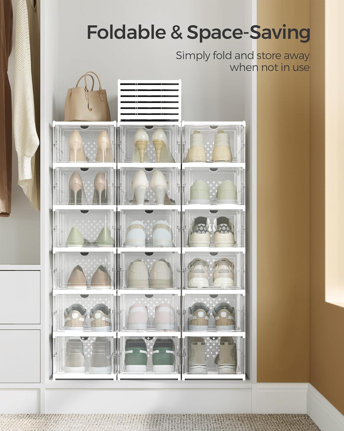 imageSONGMICS Foldable Shoe Boxes Pack of 18 Stackable Shoe Storage Organizer Set of 3 Integraed Shoe Cabinets Portable Fit up to US Size 13 60s Assembly Transparent and Ink Black ULSP207B01Transparent  Cloud White