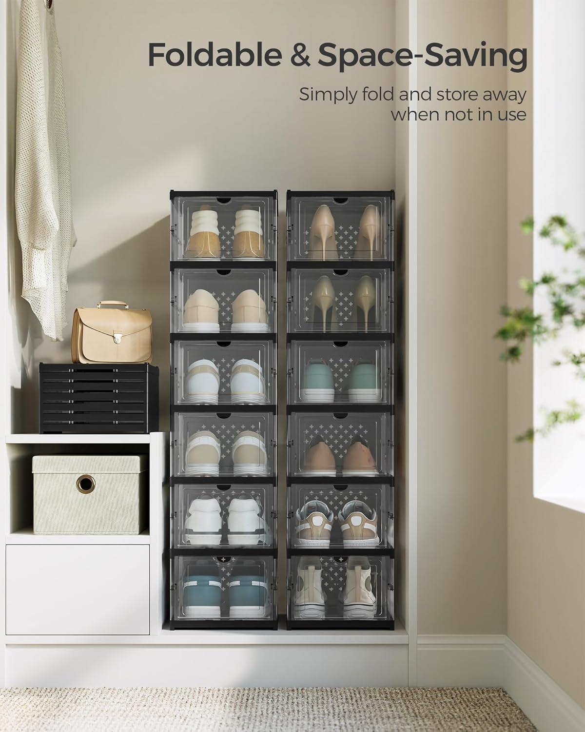 imageSONGMICS Foldable Shoe Boxes Pack of 18 Stackable Shoe Storage Organizer Set of 3 Integraed Shoe Cabinets Portable Fit up to US Size 13 60s Assembly Transparent and Ink Black ULSP207B01Transparent  Ink Black