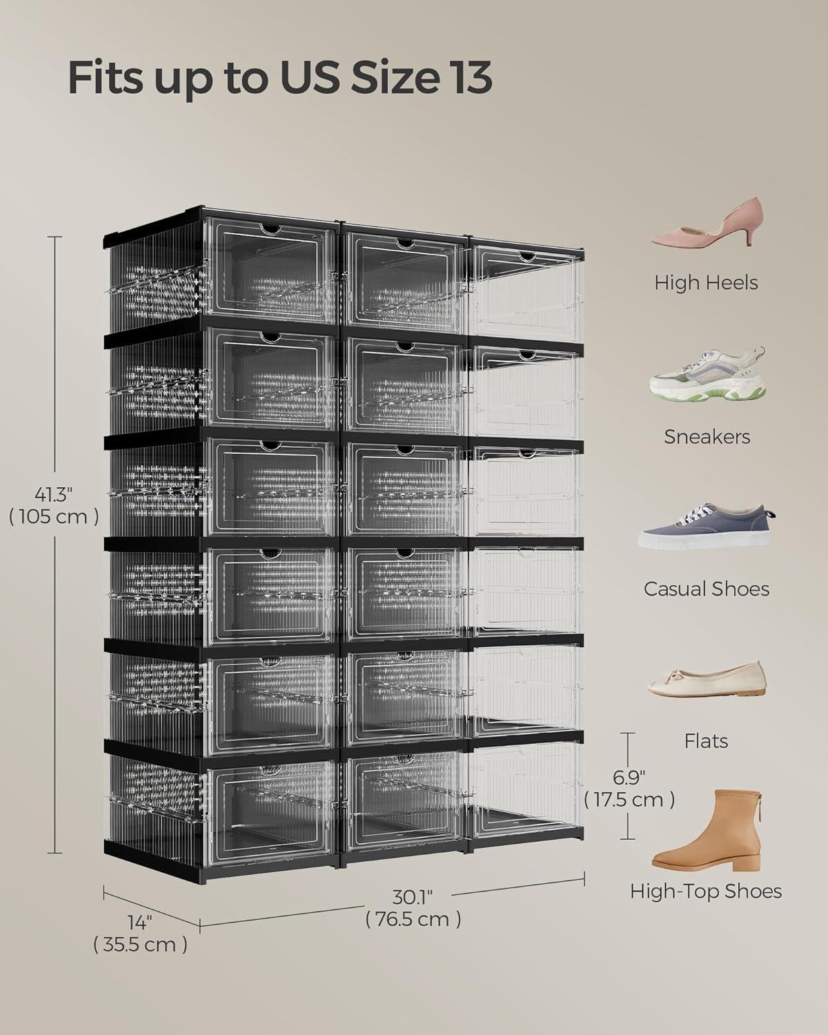 imageSONGMICS Foldable Shoe Boxes Pack of 18 Stackable Shoe Storage Organizer Set of 3 Integraed Shoe Cabinets Portable Fit up to US Size 13 60s Assembly Transparent and Ink Black ULSP207B01Transparent  Ink Black