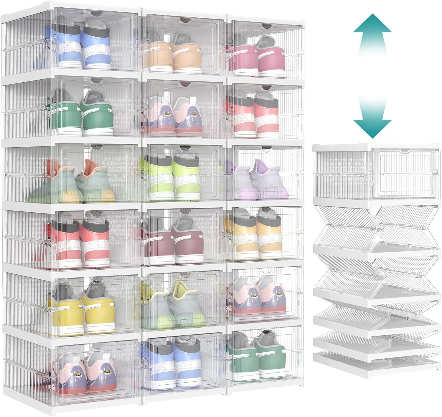 imageSONGMICS Foldable Shoe Boxes Pack of 18 Stackable Shoe Storage Organizer Set of 3 Integraed Shoe Cabinets Portable Fit up to US Size 13 60s Assembly Transparent and Ink Black ULSP207B01Transparent  Cloud White