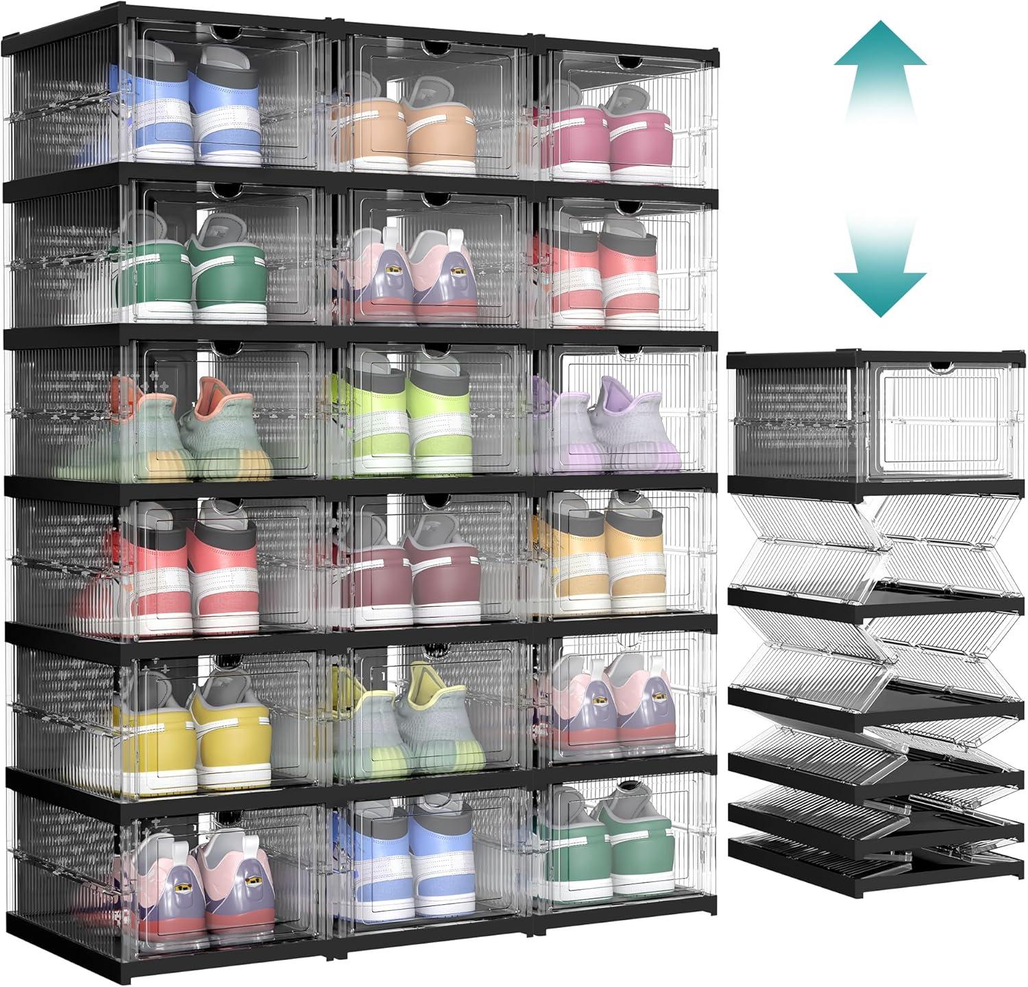 imageSONGMICS Foldable Shoe Boxes Pack of 18 Stackable Shoe Storage Organizer Set of 3 Integraed Shoe Cabinets Portable Fit up to US Size 13 60s Assembly Transparent and Ink Black ULSP207B01Transparent  Ink Black
