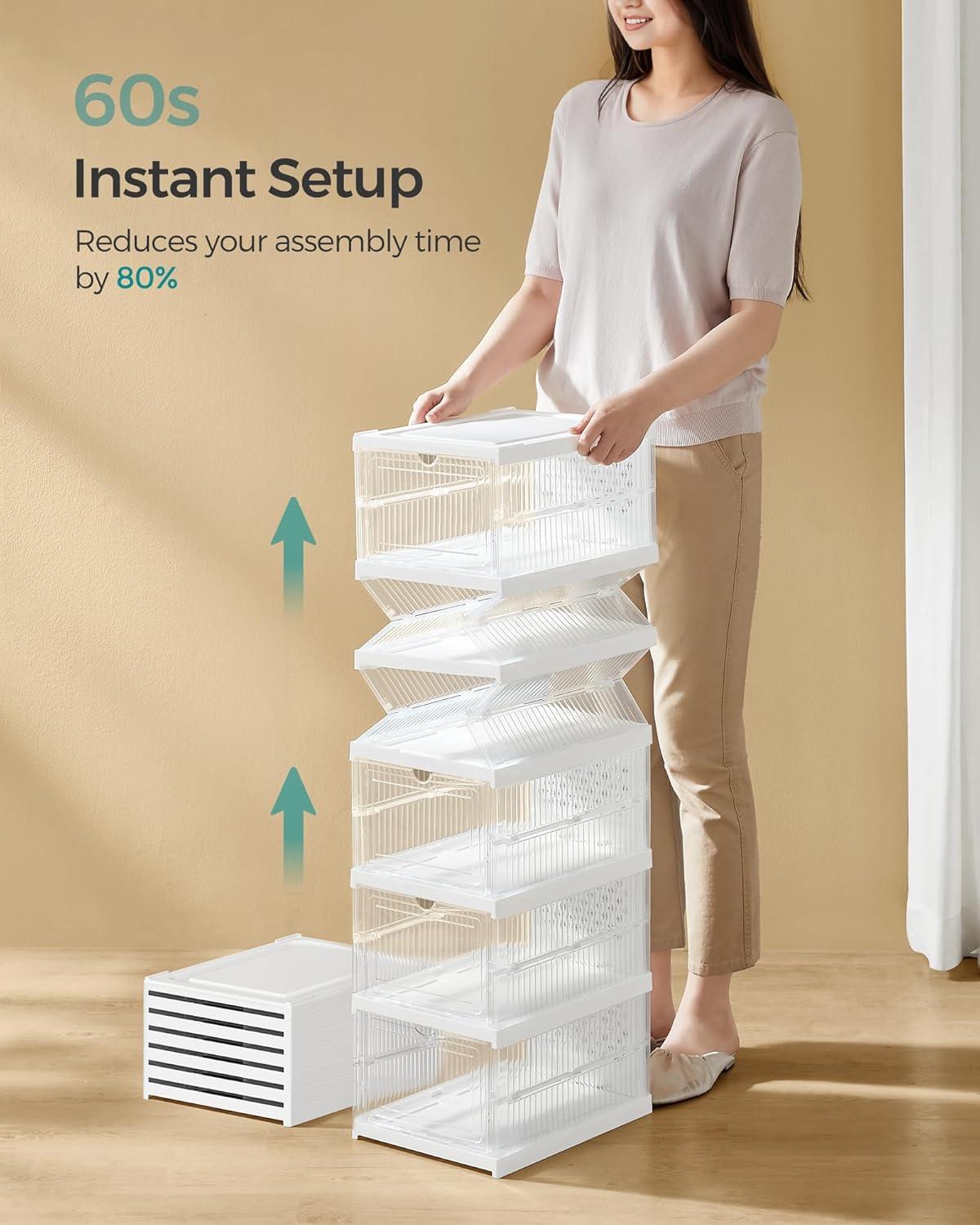 imageSONGMICS Foldable Shoe Boxes Pack of 18 Stackable Shoe Storage Organizer Set of 3 Integraed Shoe Cabinets Portable Fit up to US Size 13 60s Assembly Transparent and Ink Black ULSP207B01Transparent  Cloud White